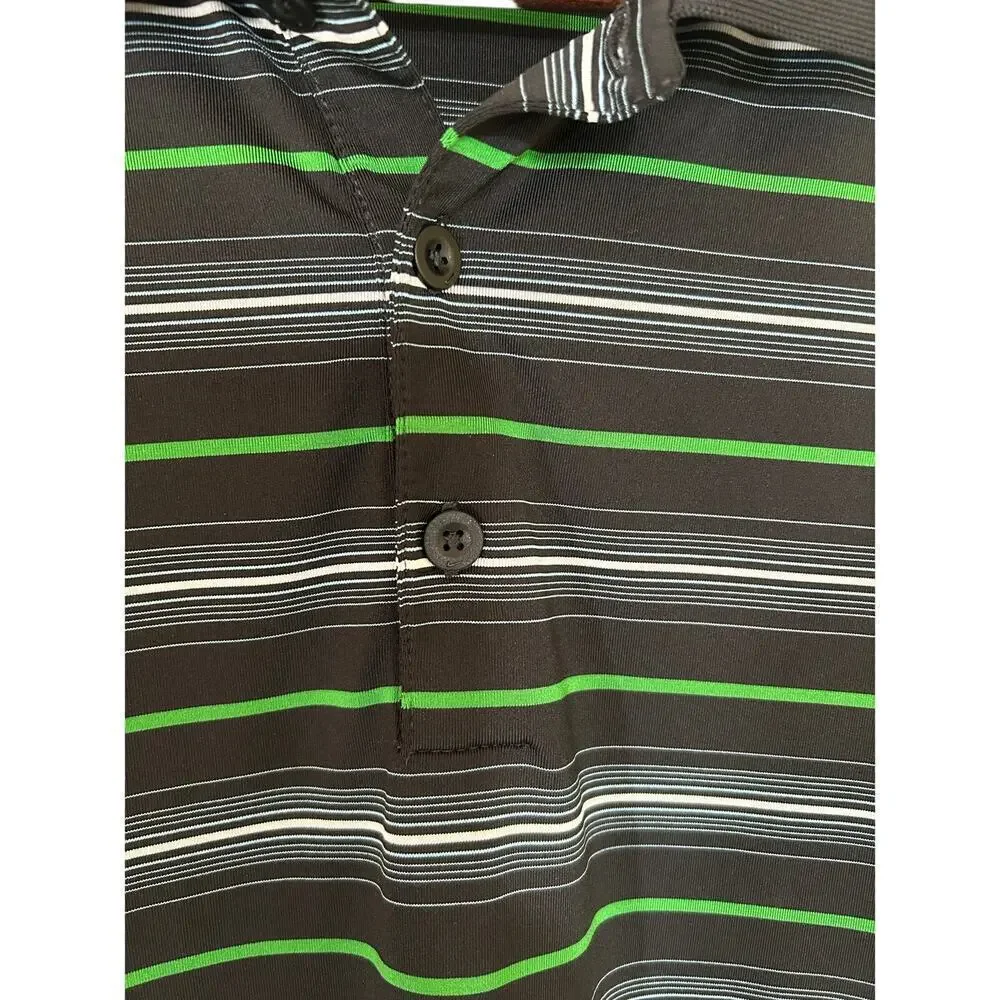 Nike Men’s Dri-Fit Golf Shirt Polo Style Size L Black With Green & White Stripes